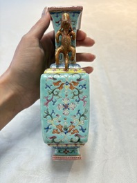 A Chinese famille rose turquoise-ground rectangular vase with floral design, Qianlong mark, Republic
