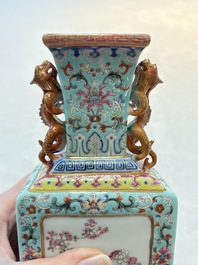 A Chinese famille rose turquoise-ground rectangular vase with floral design, Qianlong mark, Republic
