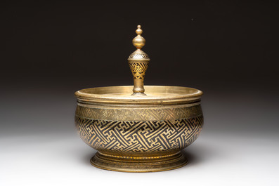 A brass betel bowl and cover with black-enamelled and engraved design, Indonesia, 19th C.