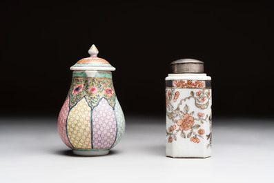 Three fine Chinese famille rose covered milk jugs and a grisaille and iron-red-decorated tea caddy with silver cover, Yongzheng/Qianlong