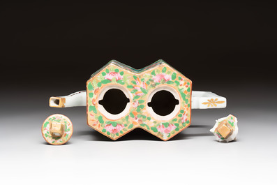 Four Chinese Canton famille rose plates and a covered double-teapot, 19th C.