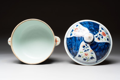 A Chinese famille rose blue-ground tureen, cover and stand, Qianlong