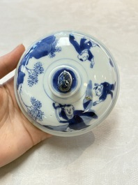 A Chinese blue and white 'figures in a landscape' bowl and cover, Kangxi mark and of the period