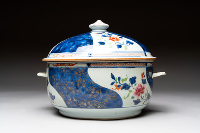 A Chinese famille rose blue-ground tureen, cover and stand, Qianlong