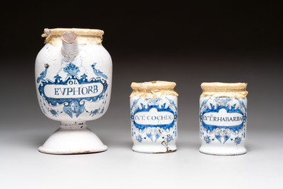 A collection of five blue and white Tournai faience pharmacy jars and a wet drug jar, 17/18th C.