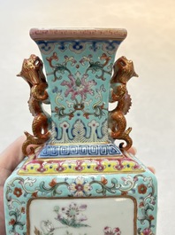 A Chinese famille rose turquoise-ground rectangular vase with floral design, Qianlong mark, Republic