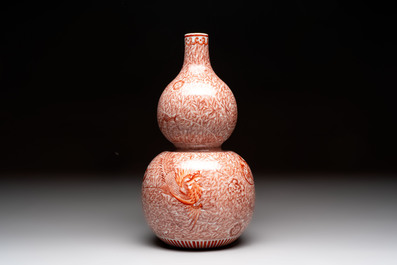 A Chinese iron-red-decorated 'dragon and phoenix' double-gourd vase, Qianlong mark, Republic