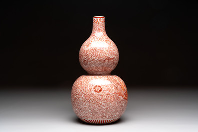 A Chinese iron-red-decorated 'dragon and phoenix' double-gourd vase, Qianlong mark, Republic