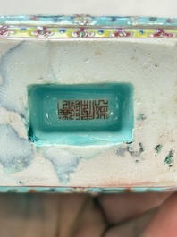 A Chinese famille rose turquoise-ground rectangular vase with floral design, Qianlong mark, Republic
