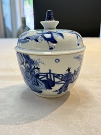 A Chinese blue and white 'figures in a landscape' bowl and cover, Kangxi mark and of the period
