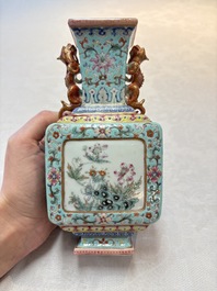 A Chinese famille rose turquoise-ground rectangular vase with floral design, Qianlong mark, Republic