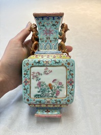 A Chinese famille rose turquoise-ground rectangular vase with floral design, Qianlong mark, Republic