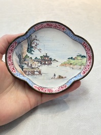 A pair of Chinese Canton enamel quadrifoil 'riverscape' saucers, Yi Qi 亦奇 mark, 18th C.