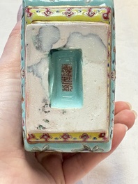 A Chinese famille rose turquoise-ground rectangular vase with floral design, Qianlong mark, Republic