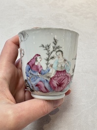 A Chinese famille rose 'erotic subject' cup and saucer, Yongzheng/Qianlong