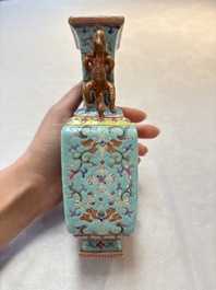 A Chinese famille rose turquoise-ground rectangular vase with floral design, Qianlong mark, Republic