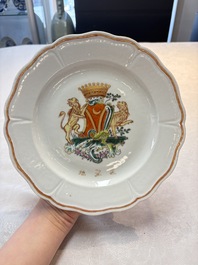 A rare Chinese lobed and inscribed armorial plate, Yang Bingguan 楊丙觀 mark, Qianlong, dated 1771