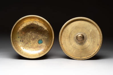 A brass betel bowl and cover with black-enamelled and engraved design, Indonesia, 19th C.
