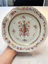A pair of Chinese famille rose armorial plates with the arms of Mills impaling Hatch for the English market, Qianlong, ca. 1745