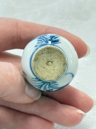 Ten Chinese blue and white miniature vases with figural and floral design, Kangxi