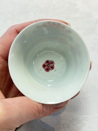 Two Chinese famille rose 'birds on flowering branches' cups and saucers, Yongzheng