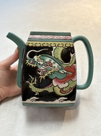 A Chinese enamelled Yixing stoneware 'dragon' teapot, 18/19th C.