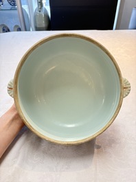 A Chinese famille rose blue-ground tureen, cover and stand, Qianlong