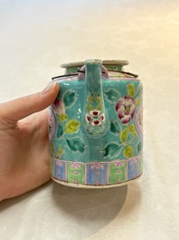 A Chinese famille rose turquoise-ground teapot for the Straits or Peranakan market, Zhong Hua Min Guo 中華民國 mark, Republic.