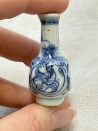 Ten Chinese blue and white miniature vases with figural and floral design, Kangxi