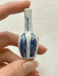 Ten Chinese blue and white miniature vases with figural and floral design, Kangxi
