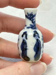 Ten Chinese blue and white miniature vases with figural and floral design, Kangxi