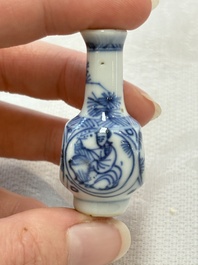 Ten Chinese blue and white miniature vases with figural and floral design, Kangxi