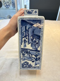 A pair of Chinese blue and white square flasks and covers with narrative design, Kangxi
