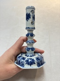 A pair of Chinese blue and white candlesticks with floral design, Kangxi
