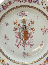 A pair of Chinese famille rose armorial plates with the arms of Mills impaling Hatch for the English market, Qianlong, ca. 1745