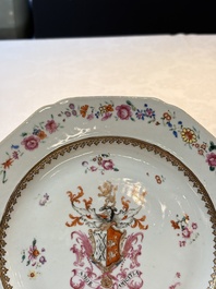 A pair of Chinese famille rose armorial plates with the arms of Mills impaling Hatch for the English market, Qianlong, ca. 1745