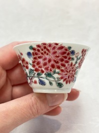 Two Chinese famille rose 'birds on flowering branches' cups and saucers, Yongzheng