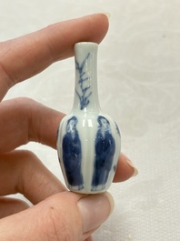 Ten Chinese blue and white miniature vases with figural and floral design, Kangxi