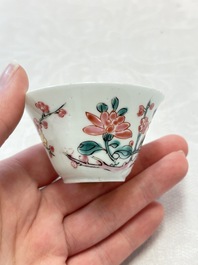 Two Chinese famille rose 'birds on flowering branches' cups and saucers, Yongzheng