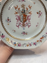 A pair of Chinese famille rose armorial plates with the arms of Mills impaling Hatch for the English market, Qianlong, ca. 1745