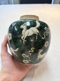 A Chinese famille noire 'prunus blossom' jar and a famille verte 'flying horses' jar, 19th C.