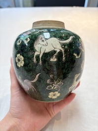A Chinese famille noire 'prunus blossom' jar and a famille verte 'flying horses' jar, 19th C.