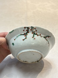 A rare Chinese iron-red and green-enamelled blue and white 'klapmuts' bowl, Wanli/late Ming