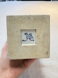 A pair of Chinese blue and white square flasks and covers with narrative design, Kangxi