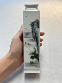 A Chinese famille rose 'landscape and calligraphy' square vase, Shen De Tang Zhi 慎德堂製 mark, Republic