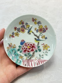 Two Chinese famille rose 'birds on flowering branches' cups and saucers, Yongzheng