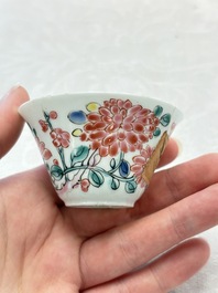 Two Chinese famille rose 'birds on flowering branches' cups and saucers, Yongzheng