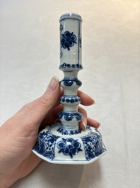 A pair of Chinese blue and white candlesticks with floral design, Kangxi