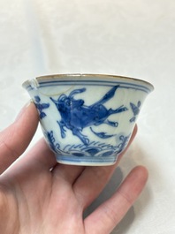 A pair of Chinese blue and white 'flying horses' cups, Jiajing mark, Kangxi