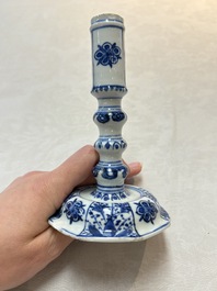 A pair of Chinese blue and white candlesticks with floral design, Kangxi